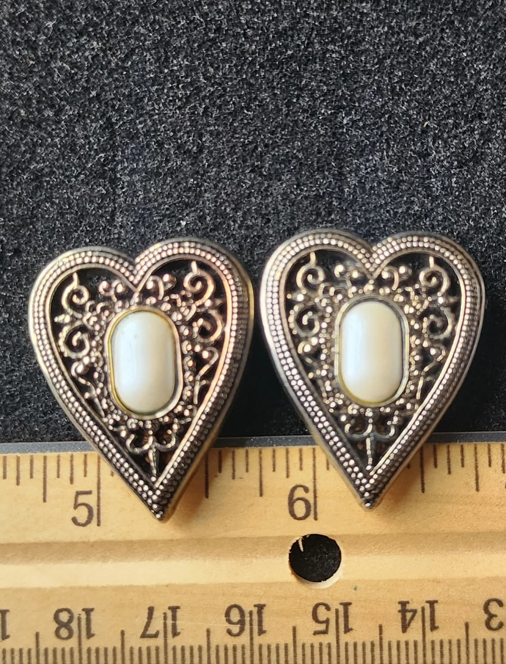 Vintage Button Cover Heart Filigree w/ Mother Of Pearl Cabochon Used